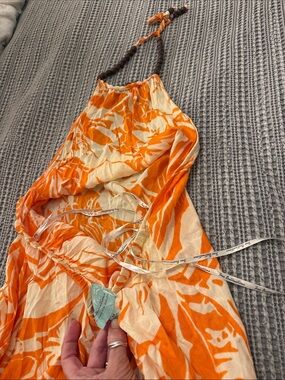 Free destinations Orange and Cream Halter Maxi Dress with wooden bead detail